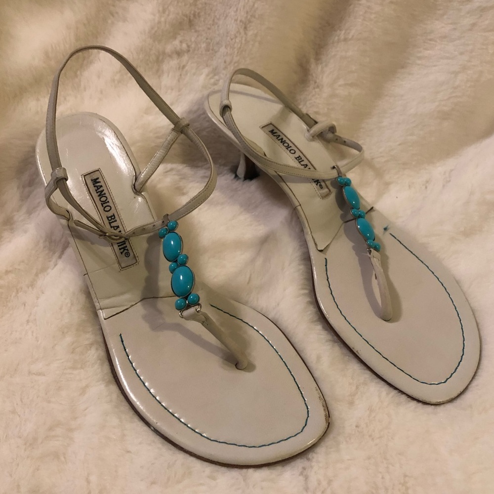 Manolo Blahnik White & Turquoise Sandals 39.5, 9.5